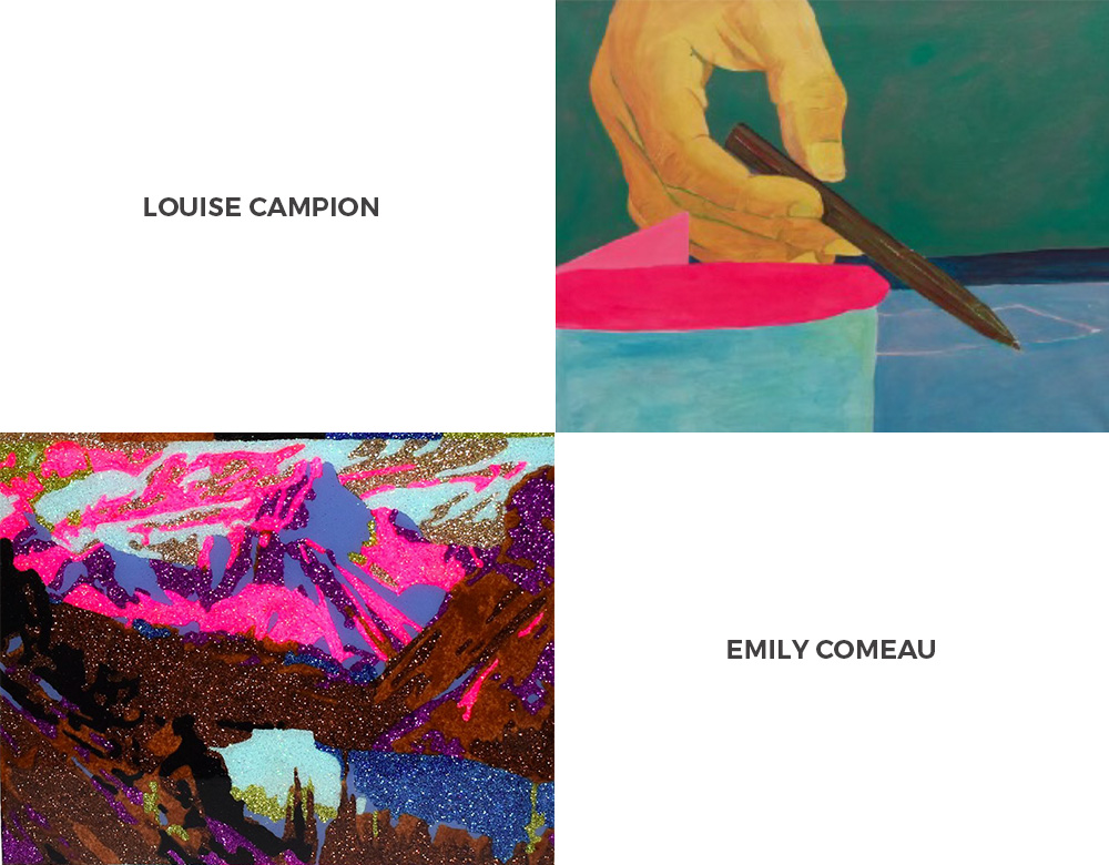 Upper right – Louise Campion, Dynamics 3,  2018.  Lower Left – Emily Comeau, Reimagining J.E.H. MacDonald, 2019