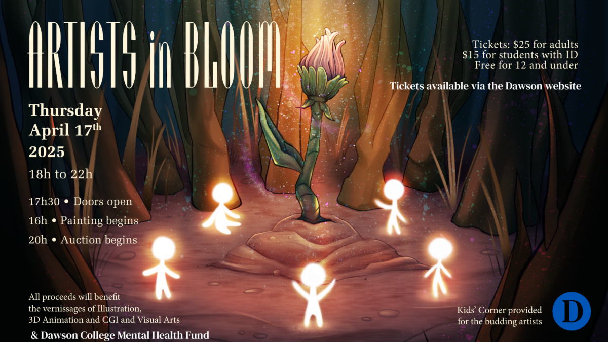 affiche annonçant le jour, l'heure et le lieu de l'événement de collecte de fonds Artists in Bloom