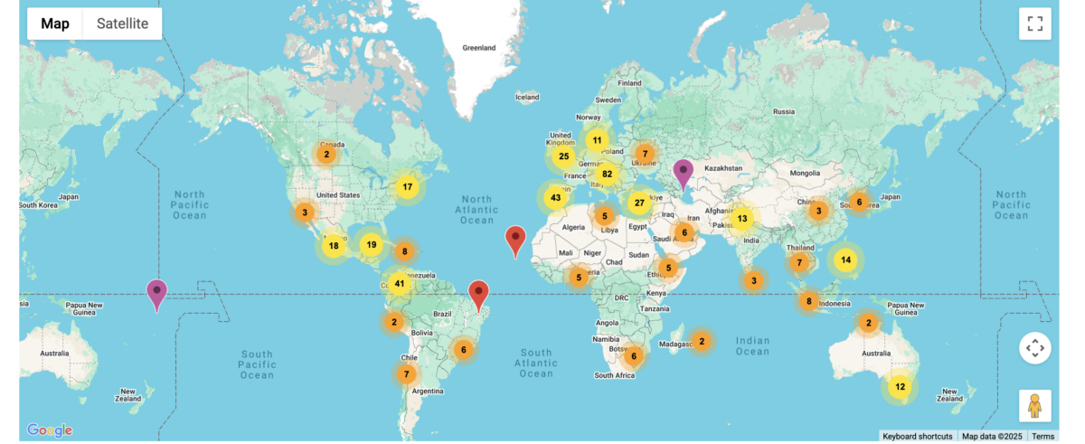 carte montrant tous les lieux dans le monde organisant des événements dans le cadre de la Journée internationale des mathématiques
