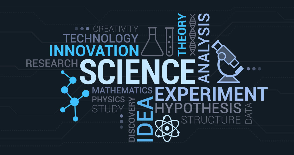 un poster de mots liés à la science : innovation, expérience, hypothèse...