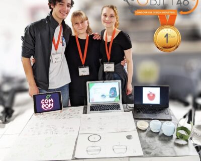 Dawson students Émile Fortin, Jessica Cloutier and Jason Kirsch won the gold medal at L'Odyssée de L'Objet for their ComPom design.