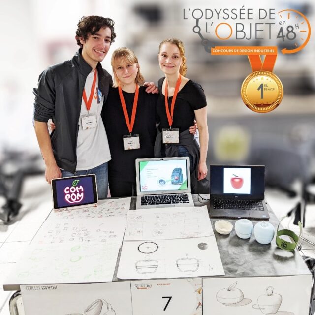 Dawson students Émile Fortin, Jessica Cloutier and Jason Kirsch won the gold medal at L'Odyssée de L'Objet for their ComPom design.