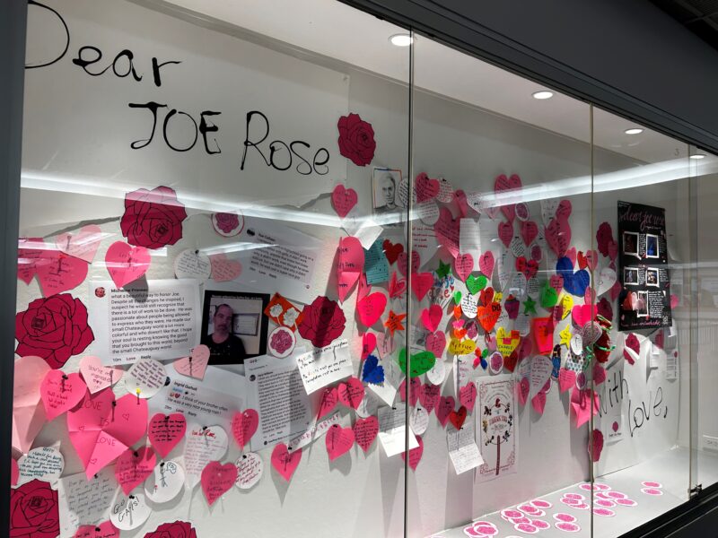 Love letters for Joe Rose in a display case