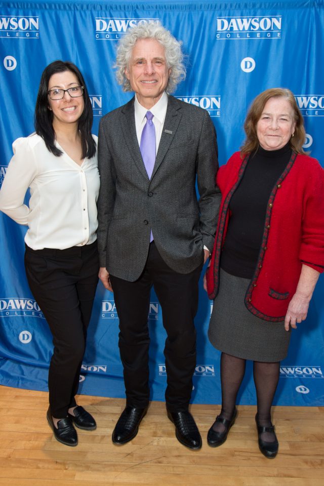 Nancy Rebelo and Vivien Watson, organizers of Dawson College Social Science Week, with Steven Pinker Feb 6 2019