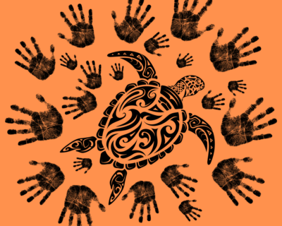 Original art in an Indigenous style that shows a turtle and handprints.