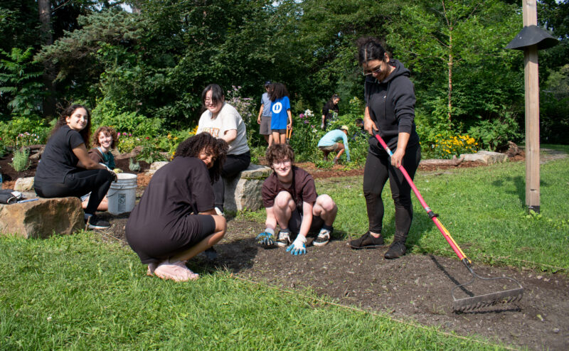 Students gardening on campus Aug 2023