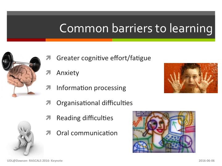 Obstacles communs à l'apprentissage, effort cognitif plus important, fatigue, anxiété, traitement de l'information, difficultés d'organisation, difficultés de lecture, communication orale